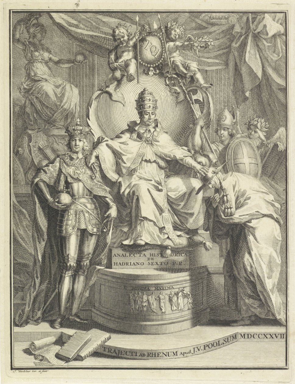 阿德里安六世登上王位 标题：Burmann，Kasper。 哈德良六世 (Hadrianus VI) 或第六任罗马教皇哈德良努斯 (Hadrianus) 的历史记录，1727 年 作者 扬·旺德拉尔