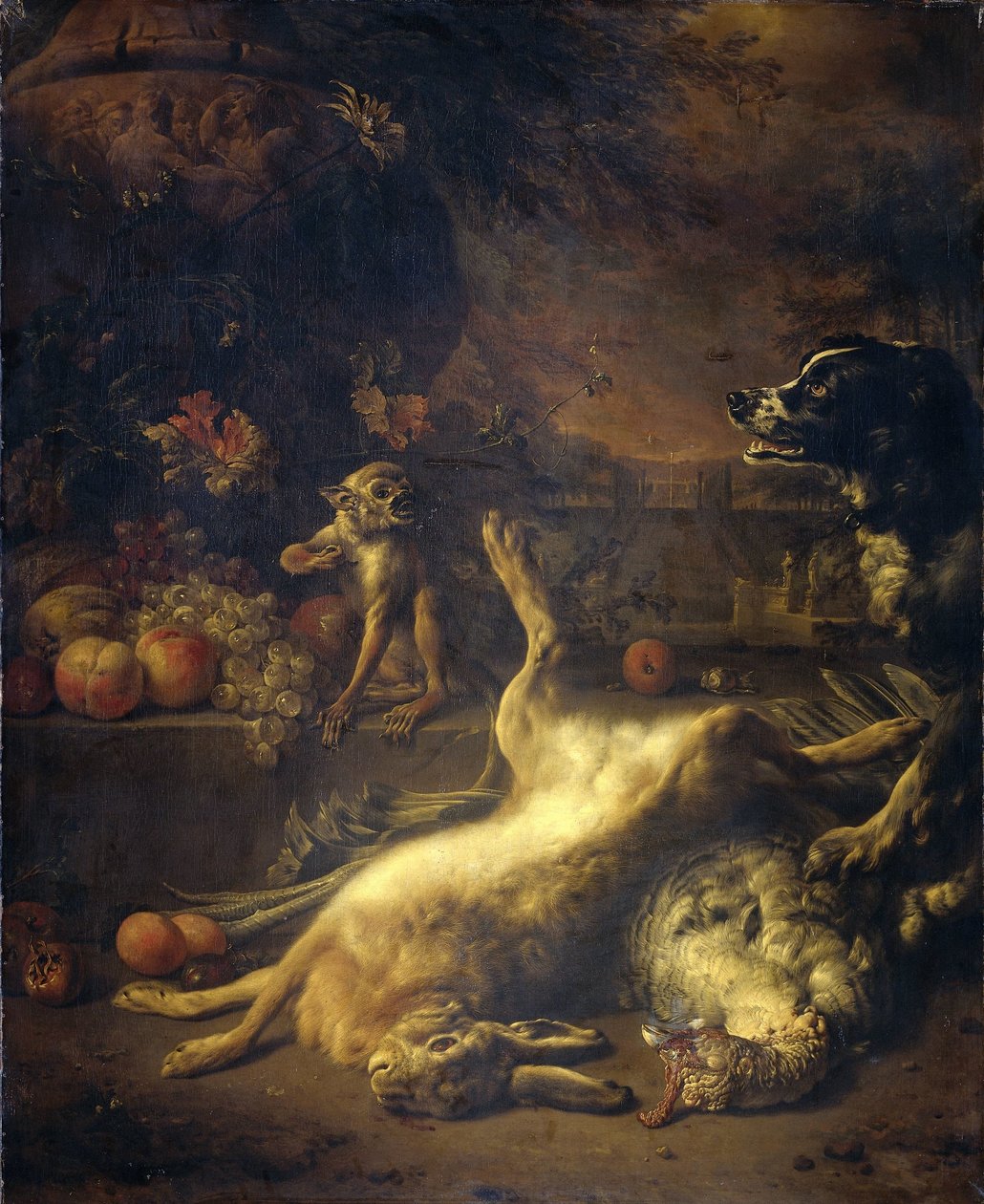 猴子和狗带着死游戏和水果 作者 Jan Baptist Weenix
