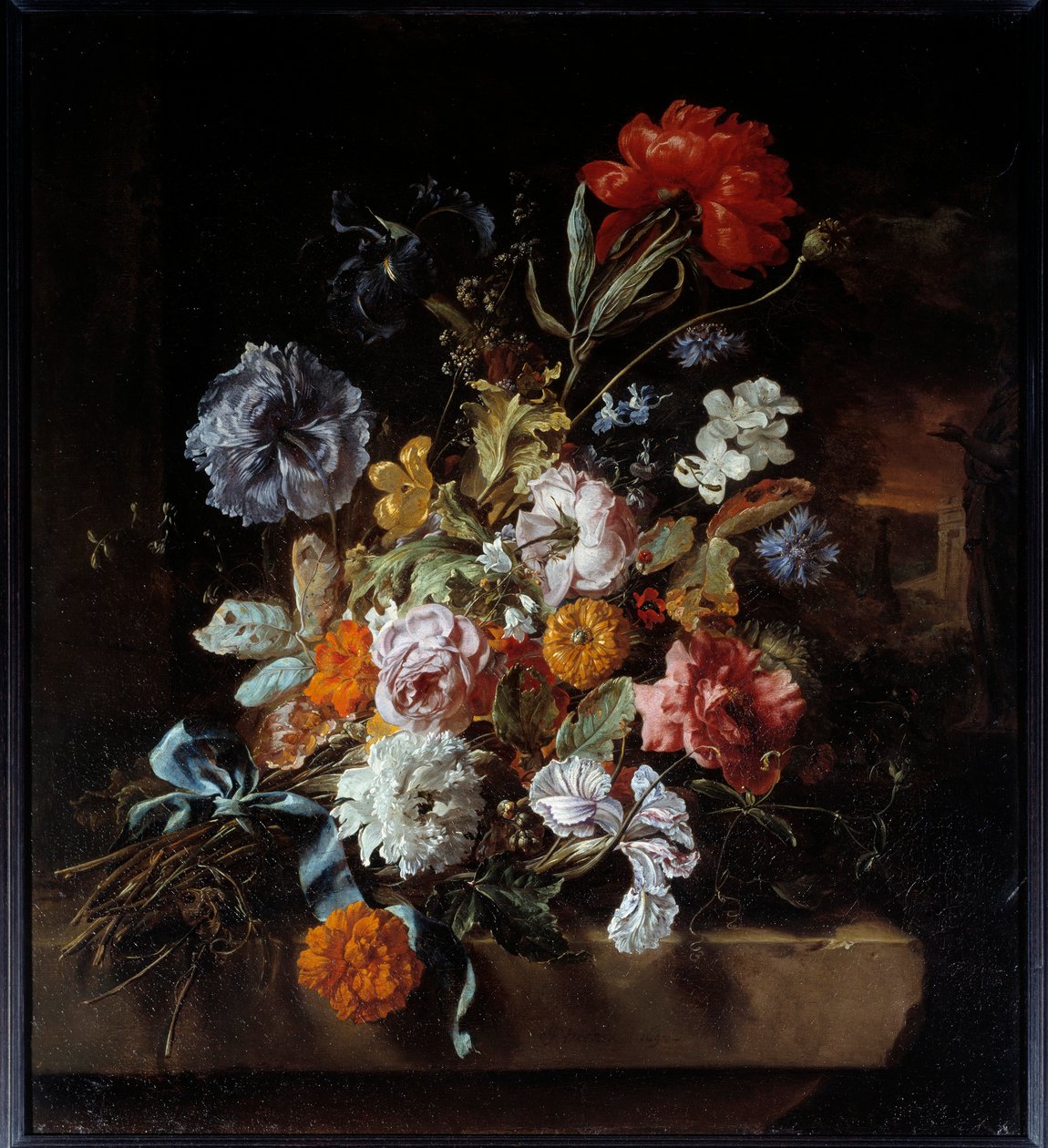 放在石凳上的花束 Jan Weenix (1640-1719) 1694 年作画。 0,74x0,67 m 里昂，Musee des Beaux Arts 作者 Jan Baptist Weenix
