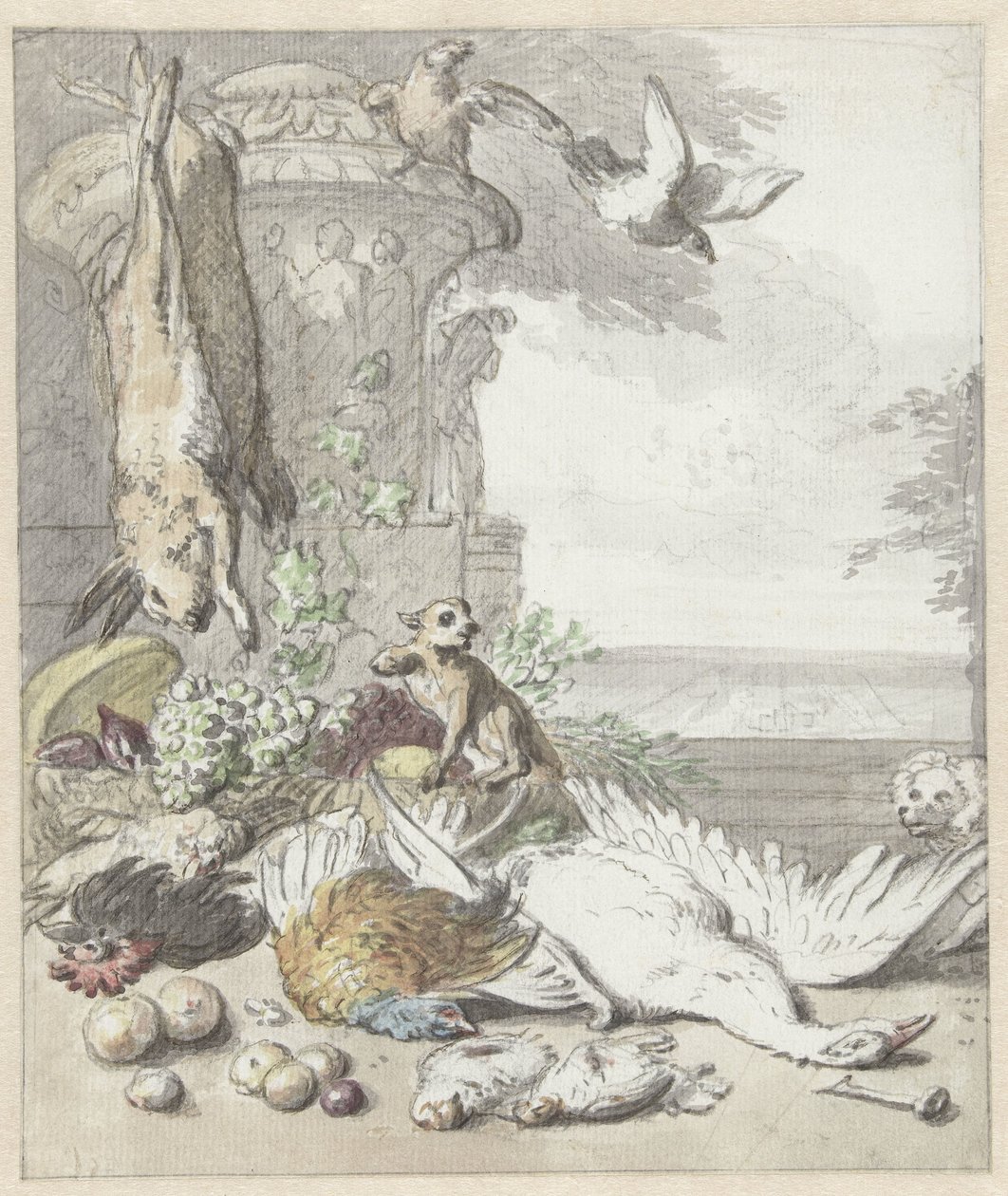 死游戏，一只猴子，一只狗和一些鸟 作者 Jan Baptist Weenix
