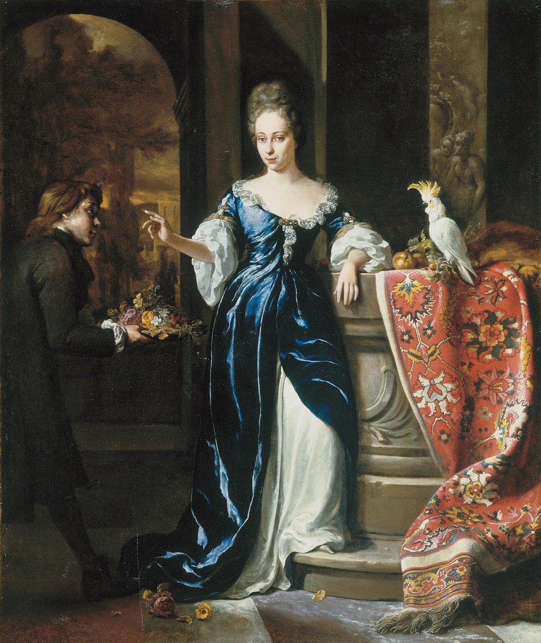 Lodewina Schey的肖像，穿着蓝色的连衣裙，伴随着鲜花 作者 Jan Baptist Weenix