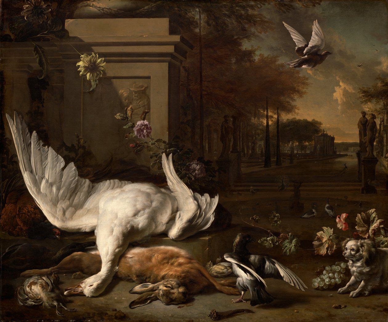 乡村庄园前的天鹅和野味静物画 作者 Jan Baptist Weenix