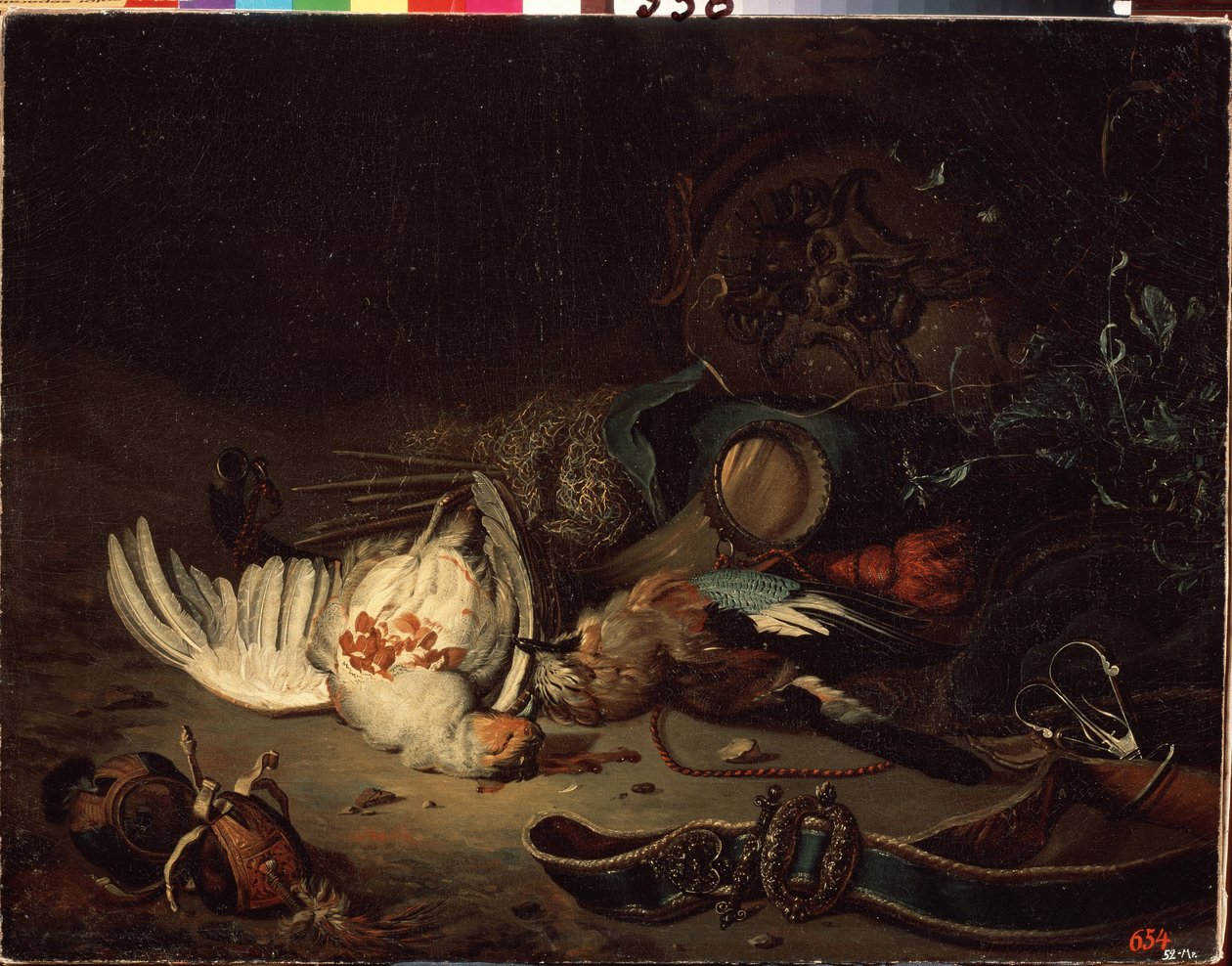 狩猎战利品小扬-韦尼克斯（1642-1719 年）的画作。布面油画，17 世纪末至 18 世纪初。荷兰艺术，巴洛克风格。圣彼得堡彼得霍夫国家露天博物馆。 作者 Jan Baptist Weenix