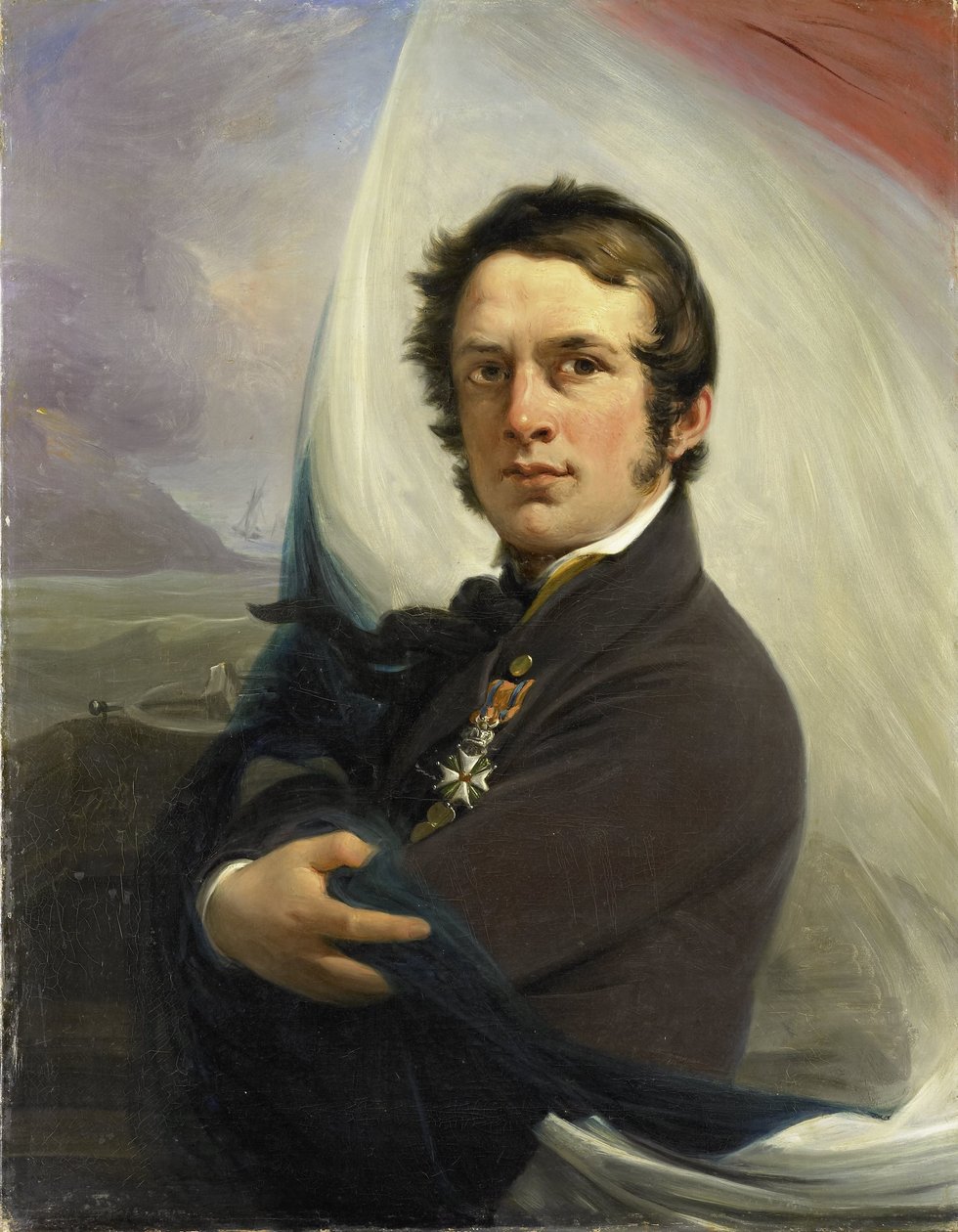 雅各布·霍拜因 (Jacob Hobein) 的肖像，在敌人炮火下拯救荷兰国旗，1831 年 3 月 18 日 作者 Jan Willem Pieneman（艺术家签名）