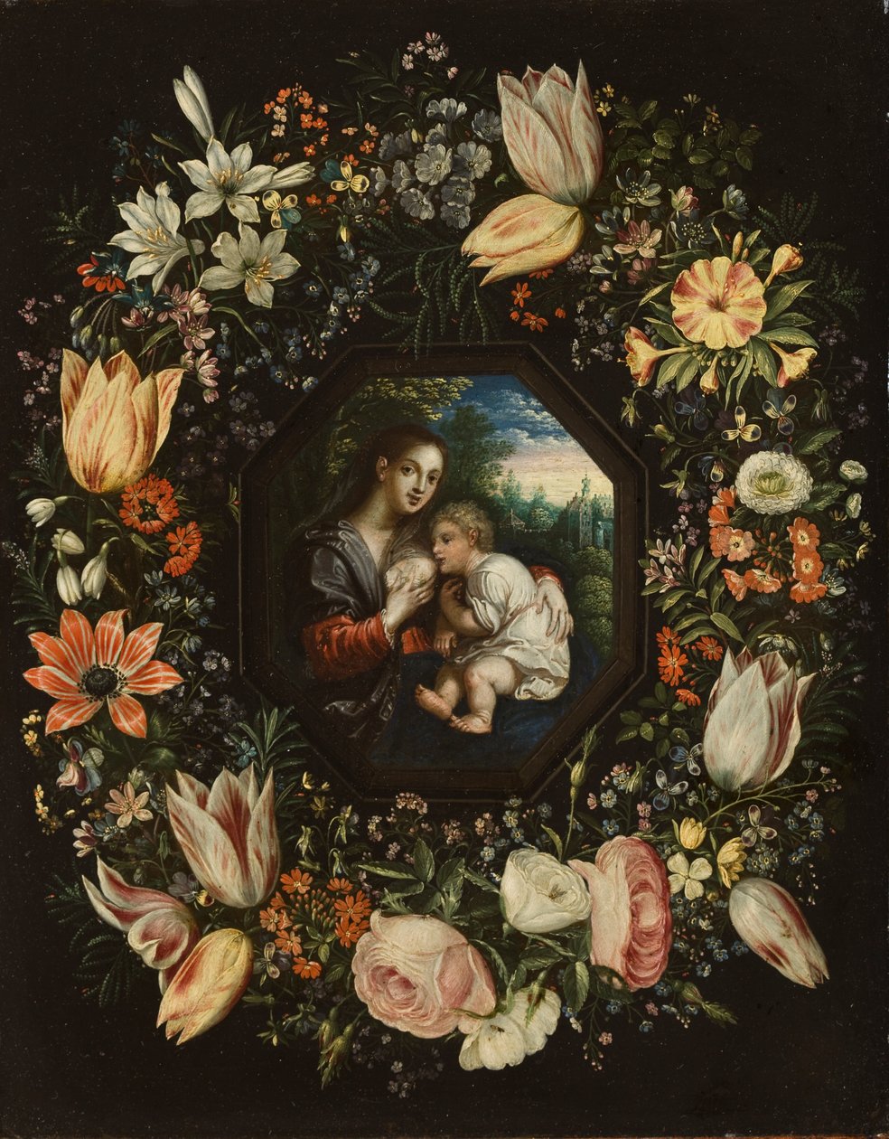 麦当娜和孩子在花的花环，c.1625（铜上油） 作者 扬和巴伦（Hanrik van Brueghel）