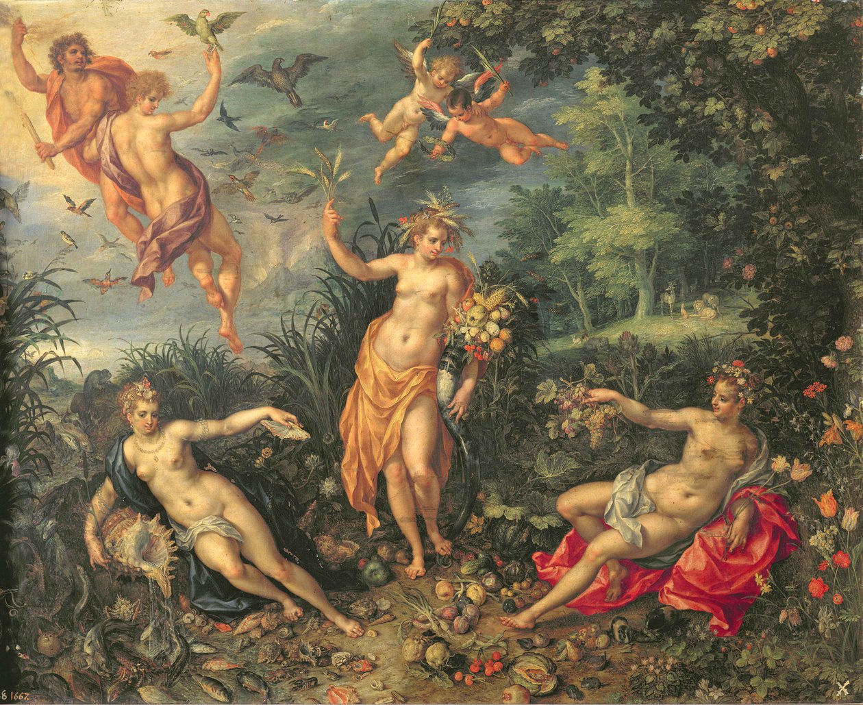 丰富和四要素，c.1606（铜上油） 作者 Jan和Clerk，H。Brueghel