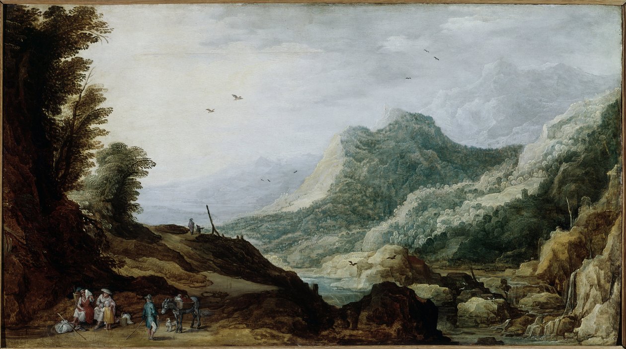 路边有一个农民家庭的山地景观（绘画，约 1620-1630 年） 作者 Jan 和 Momper Joos de Brueghel