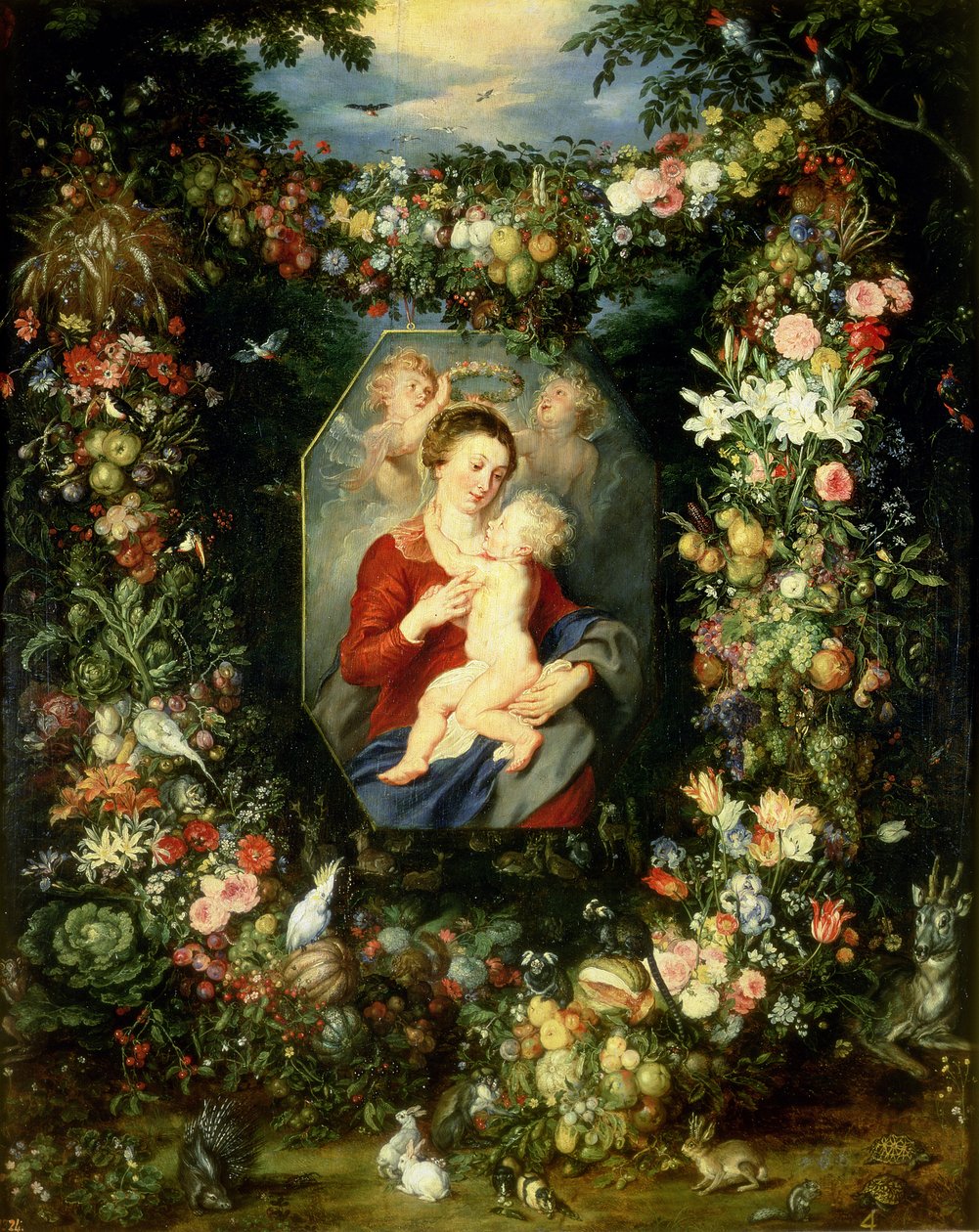 处女和小孩在水果和花的花环，c.1614-18 作者 扬·鲁本斯（PP）