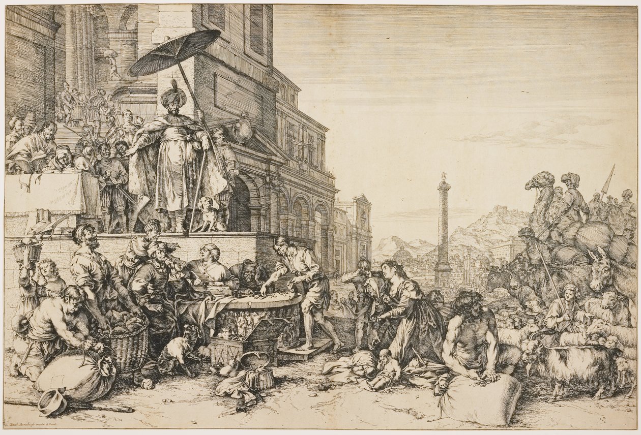 约瑟夫在埃及分发谷物，约 1648-57 年（蚀刻版画） 作者 扬·德·比绍普（Jan de Bisschop）