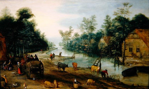 夏天的森林河流景观和到达客栈的旅行者（油画板）。 作者 Jan the Elder（圆圈）Brueghel