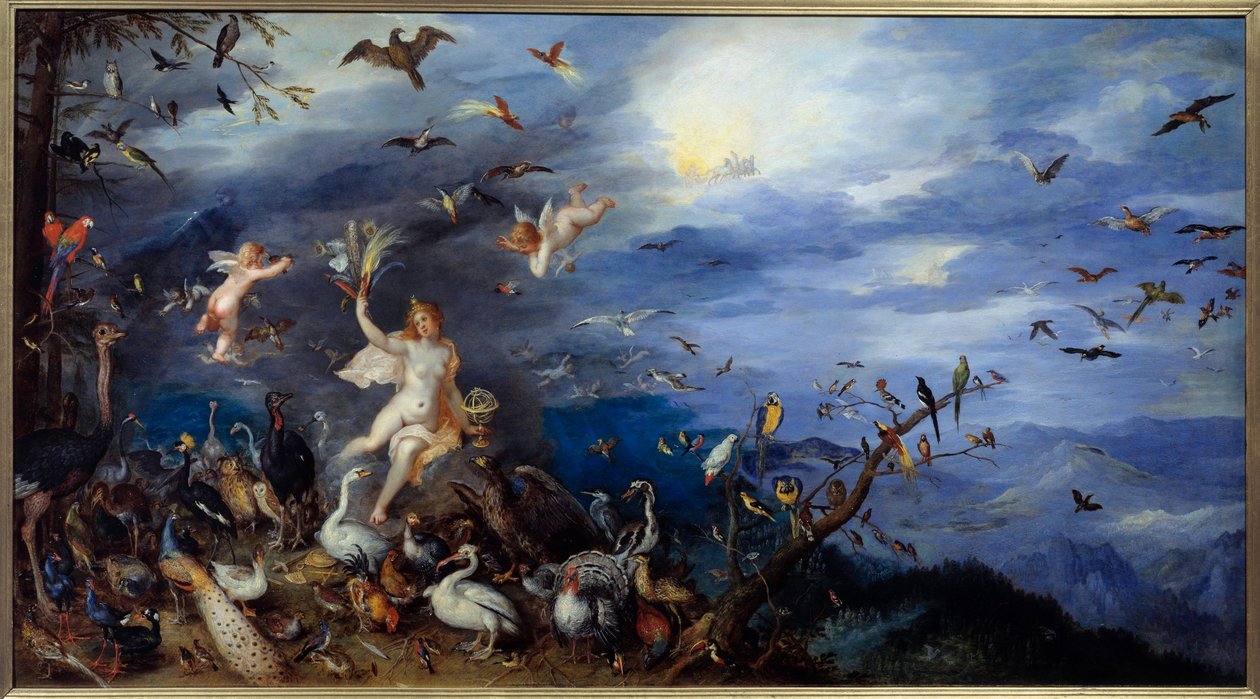 空气的寓言 被各种鸟类包围的年轻裸体女人。 Jan Brueghel Le Vieux 的绘画将 Brueghel de Velours（Brueghel 或 Brueghel 作者 简·布鲁格尔·扬