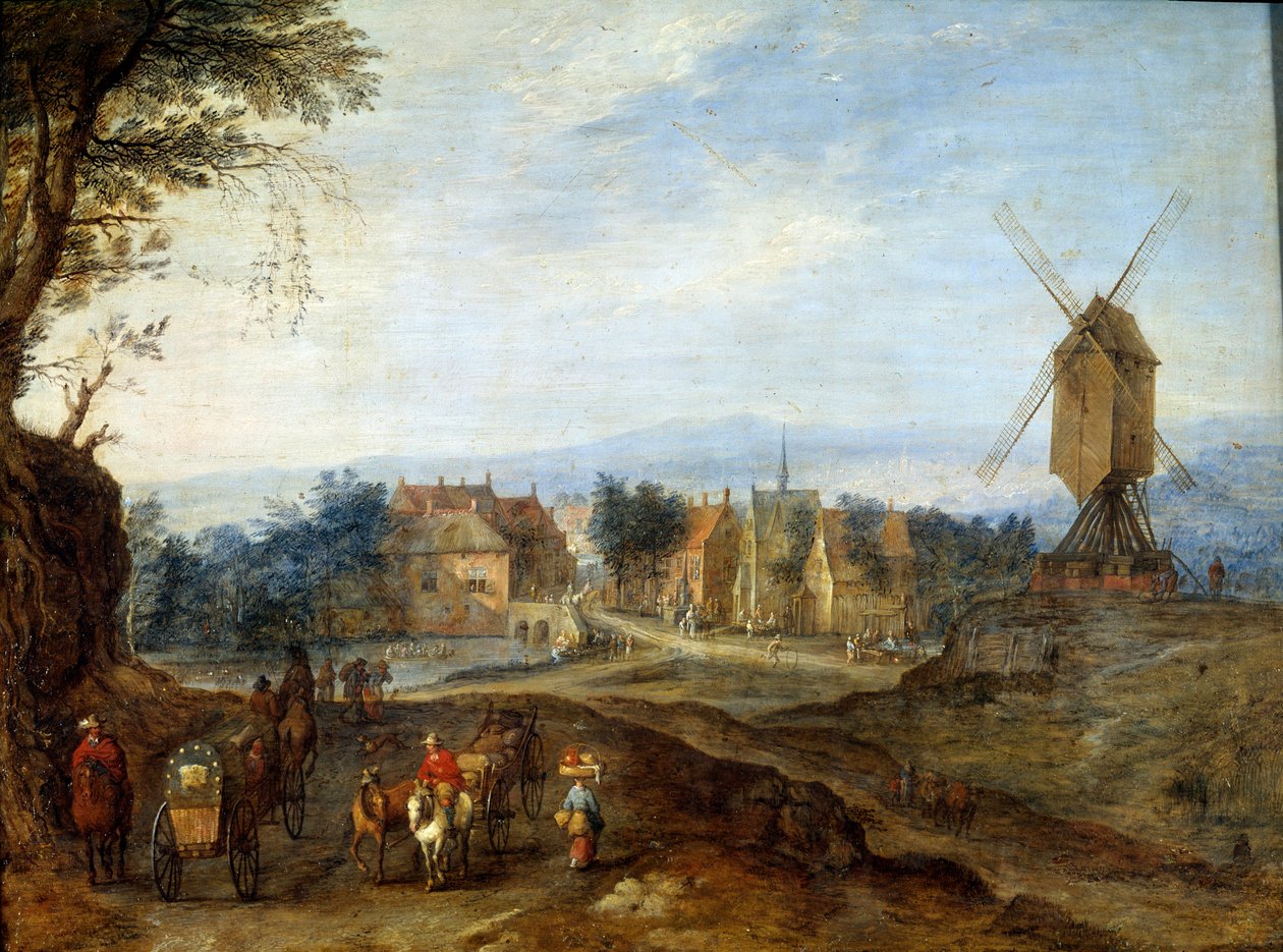 Jan Breugel Le Vieux 的油画《风车上的风景》称 Bruegel de Velours（Brueghel 或 Breughel 作者 简·布鲁格尔·扬