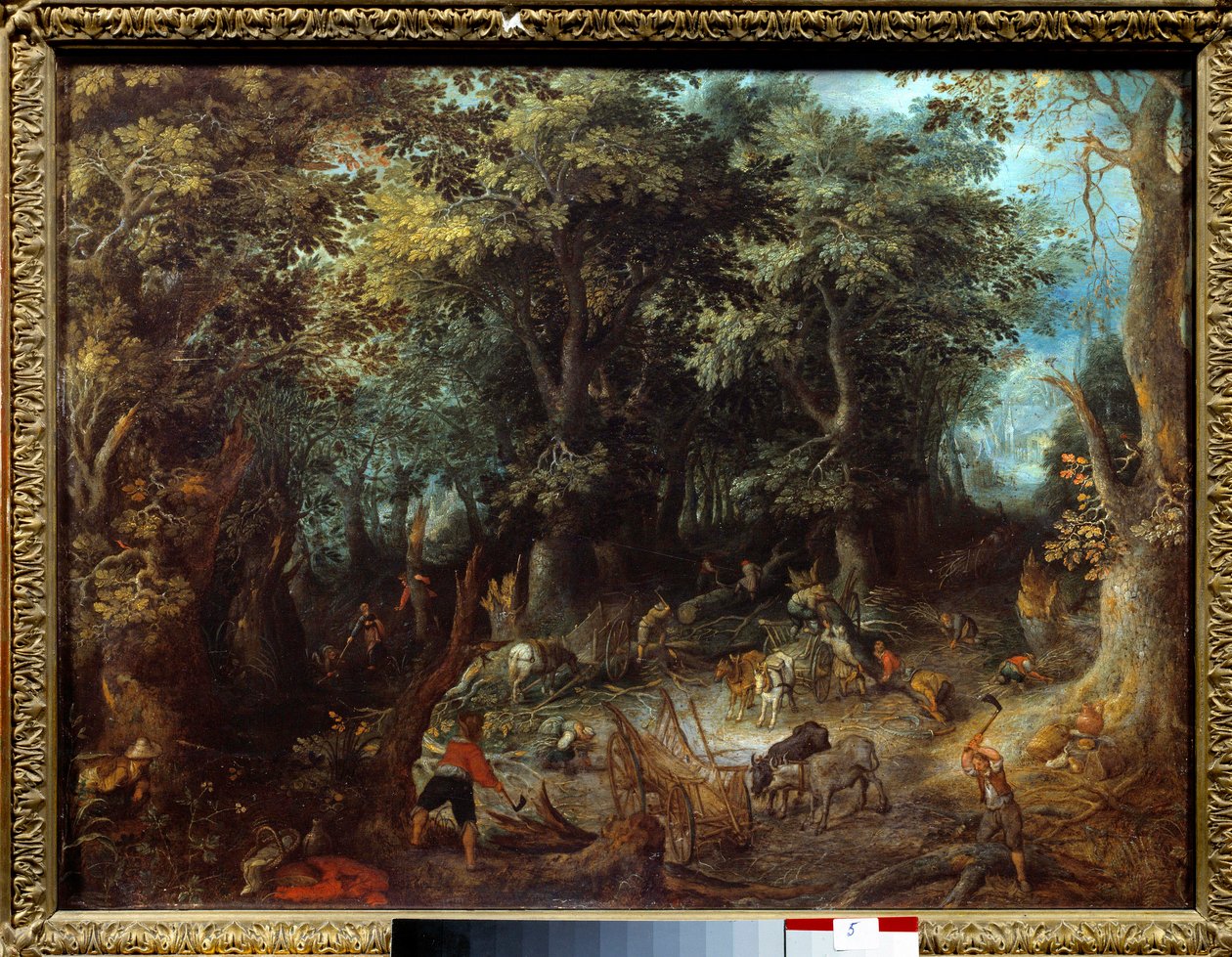 森林中的风景，樵夫 画由 Jan Bruegel（或 Breugel 或 Brueghel 或 Breughel），前者被称为 Bruegel de Velours（1568-1625）17 世纪图卢兹，Musee des Augustins。 作者 简·布鲁格尔·扬