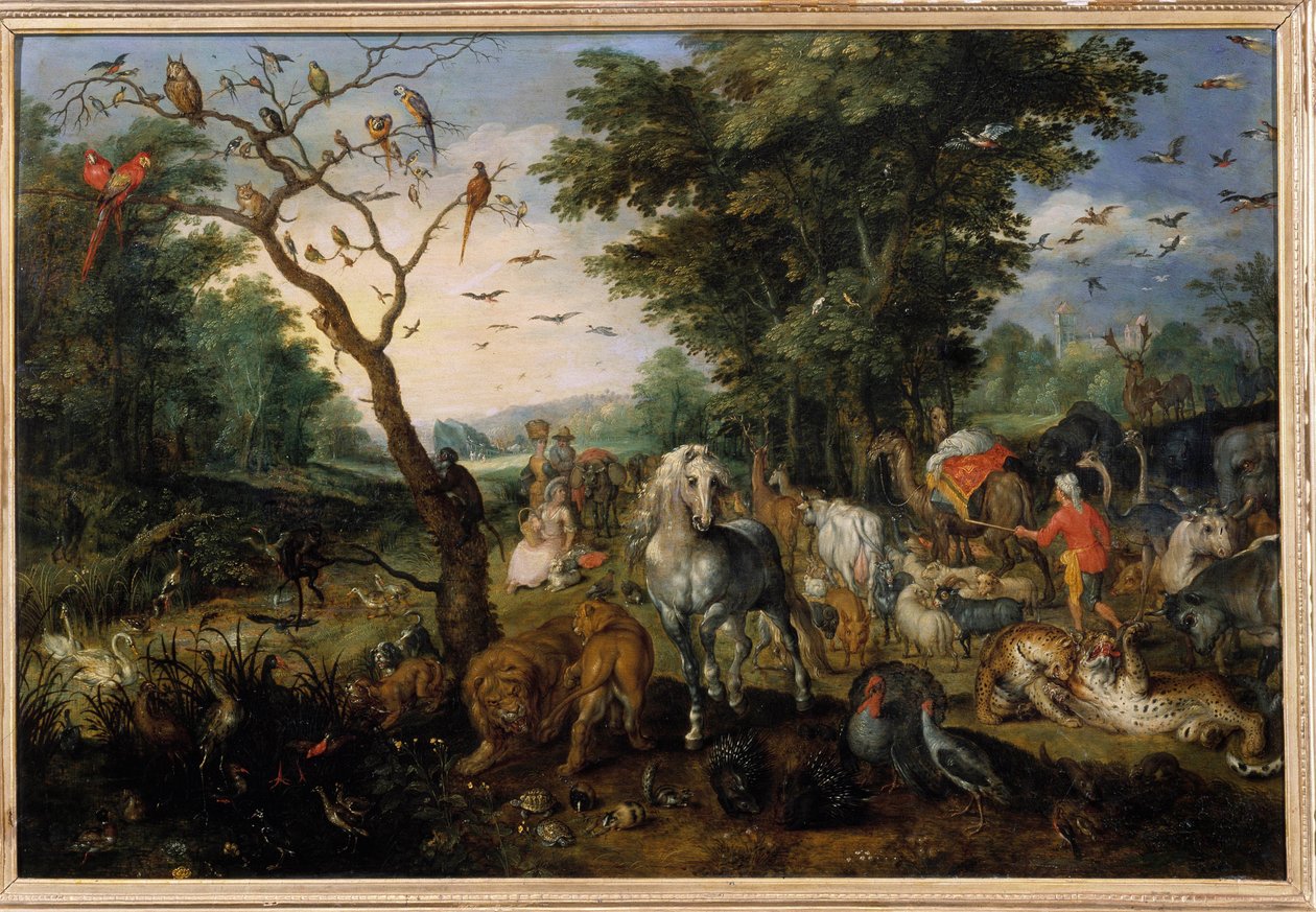 诺亚方舟中的动物寄宿 Jan Bruegel（或 Breugel 或 Brueghel 或 Breughel）的绘画，前者被称为 Bruegel de Velours（1568-1625）17 世纪奥尔良，Musee des Beaux Arts - 动物进入诺亚方舟 . 简画 作者 简·布鲁格尔·扬