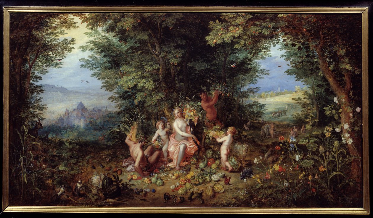 四大元素：“大地”寓言。 地球天堂的视图。 Jan Brueghel Le Vieux 的绘画将 Brueghel de Velours（Brueghel 或 Brueghel 作者 简·布鲁格尔·扬