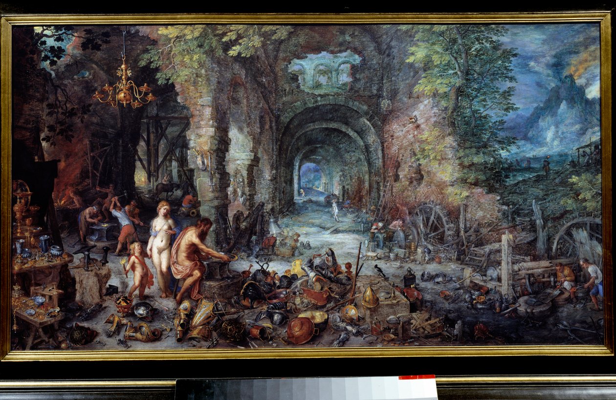The four elements: “The Fire”” Allegory. Come and Vulcan in the blacksmith, making weapons for their son Enee. Around them blacksmiths and goldsmith work on armor, weapons, vases, jewellery, drinking cups, dishes and cauldrons. Painting by Jan Breugel Le V 作者 简·布鲁格尔·扬