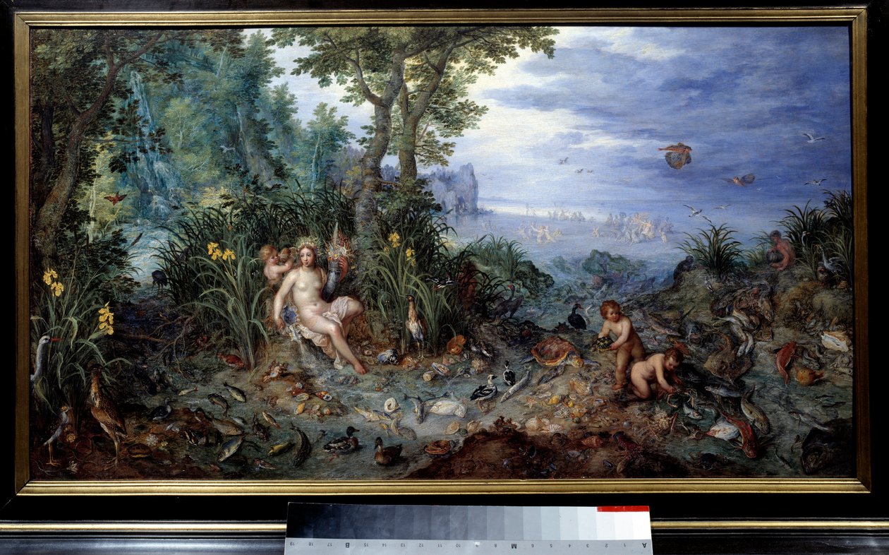 四大元素：“水”寓言。 有鸭子、鱼的年轻女人。 Jan Brueghel Le Vieux 的绘画将 Brueghel de Velours（Brueghel 或 Brueghel 作者 简·布鲁格尔·扬