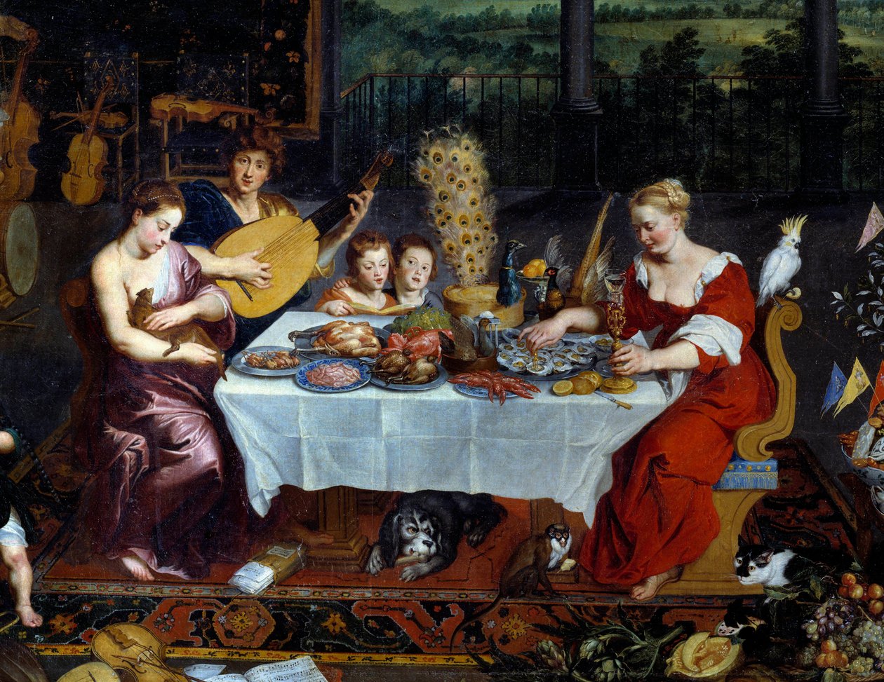 那味道。 细节代表在音乐家面前一顿海鲜、家禽。 Jan Breugel Le Vieux 的绘画将 Bruegel de Velours（Brueghel 或 Breughel 作者 简·布鲁格尔·扬