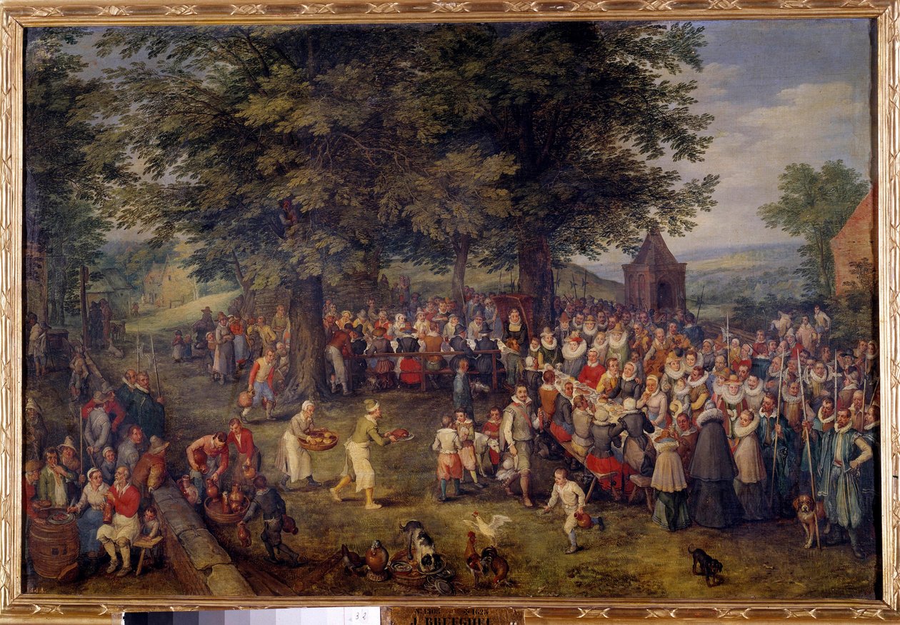 Wedding banquet Scene wedding dinner in a village. Painting by Jan Bruegel (or Breugel or Brueghel or Breughel) the former known as Bruegel de Velours (1568-1625) 17th century Madrid, Musee du Prado 作者 简·布鲁格尔·扬