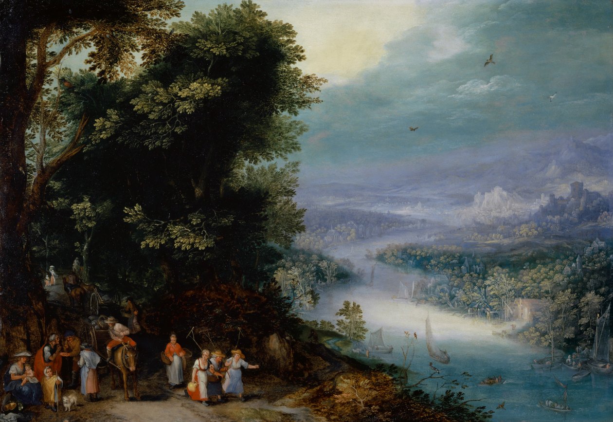 与路的树木繁茂的河谷，c.1602 作者 简·布鲁格尔·扬