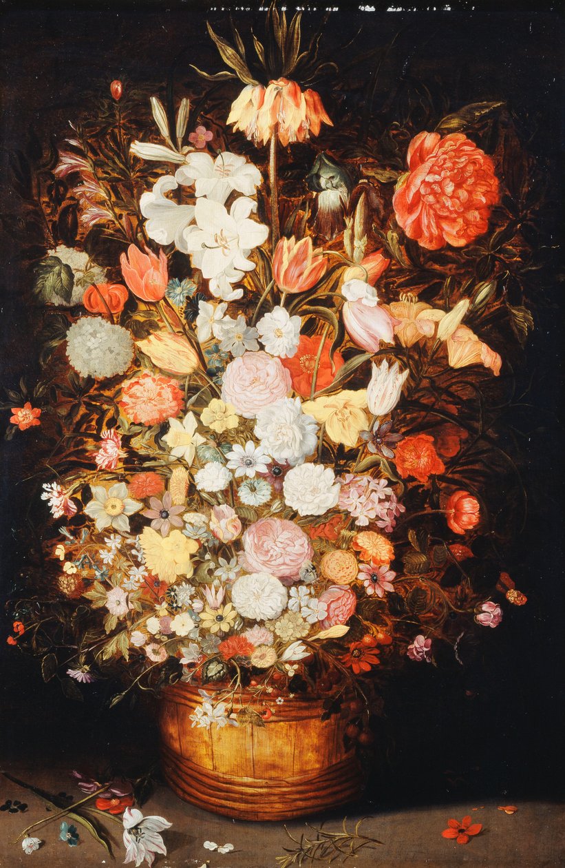 花卉静物画在木盆中，约1630年代 作者 扬·布鲁格（Jan Brueghel）