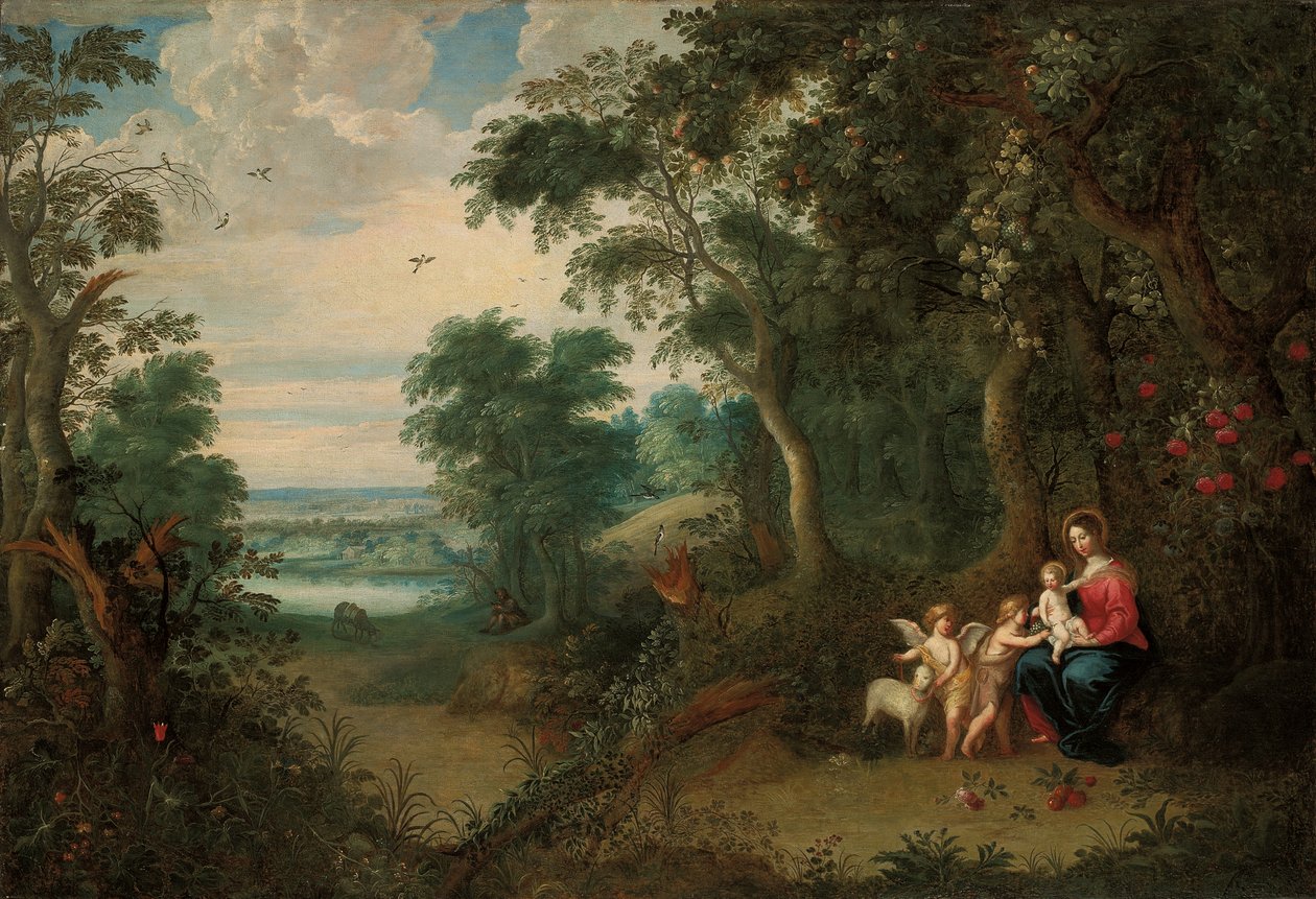 圣母子，浸信会圣约翰和天使的树木繁茂的风景 作者 扬·布鲁格（Jan Brueghel）