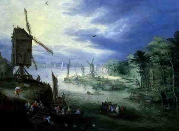 有风车的河流景观（板面油画） 作者 扬·布鲁格（Jan the Younger Brueghel）