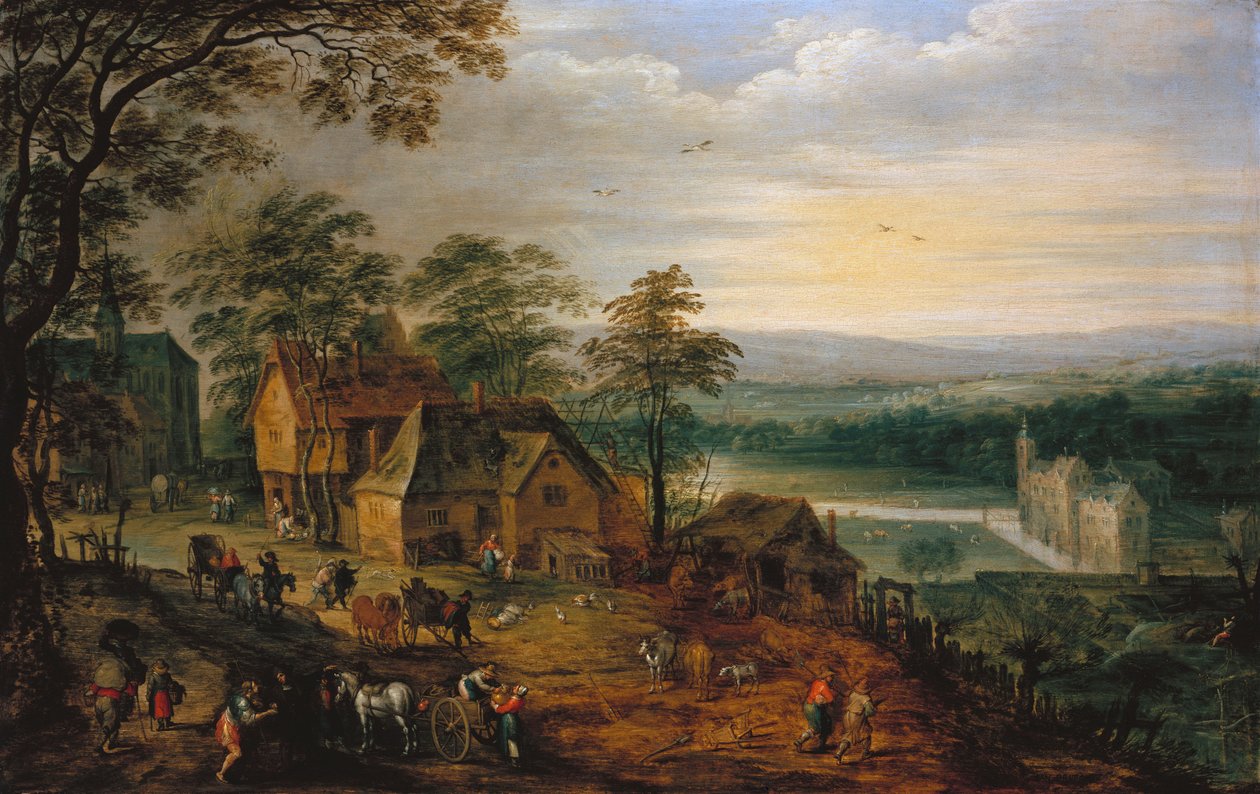村街人物与手推车，背景中的城堡城堡 作者 扬·布鲁格（Jan Brueghel）