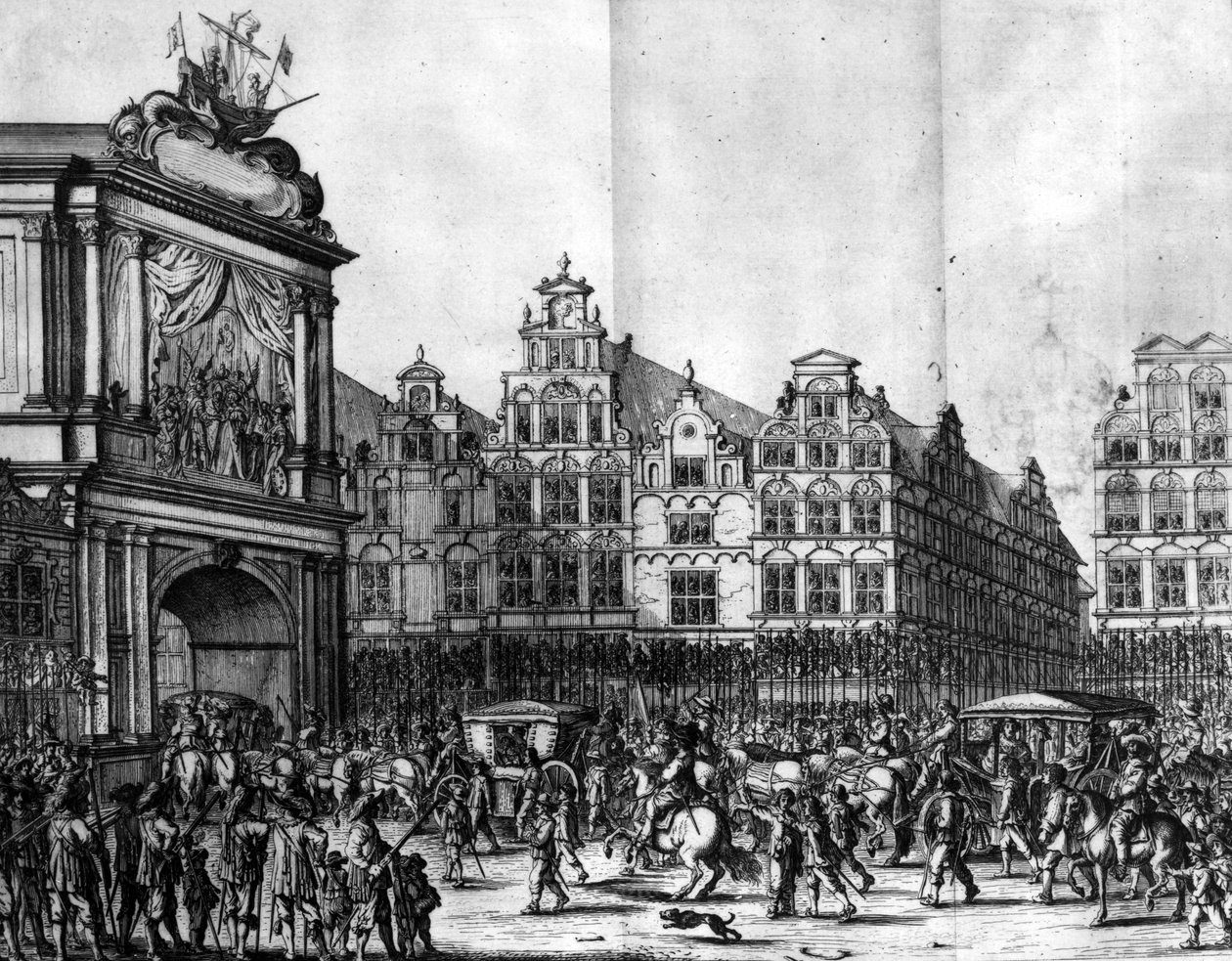 来自Caspar Barlaeus的&39;Medicea Hospes&39;的Marie de&39;Medici游行通过阿姆斯特丹，由Salomon Savery雕刻，1638年 作者 扬·马森（Jan the Younger Martsen）