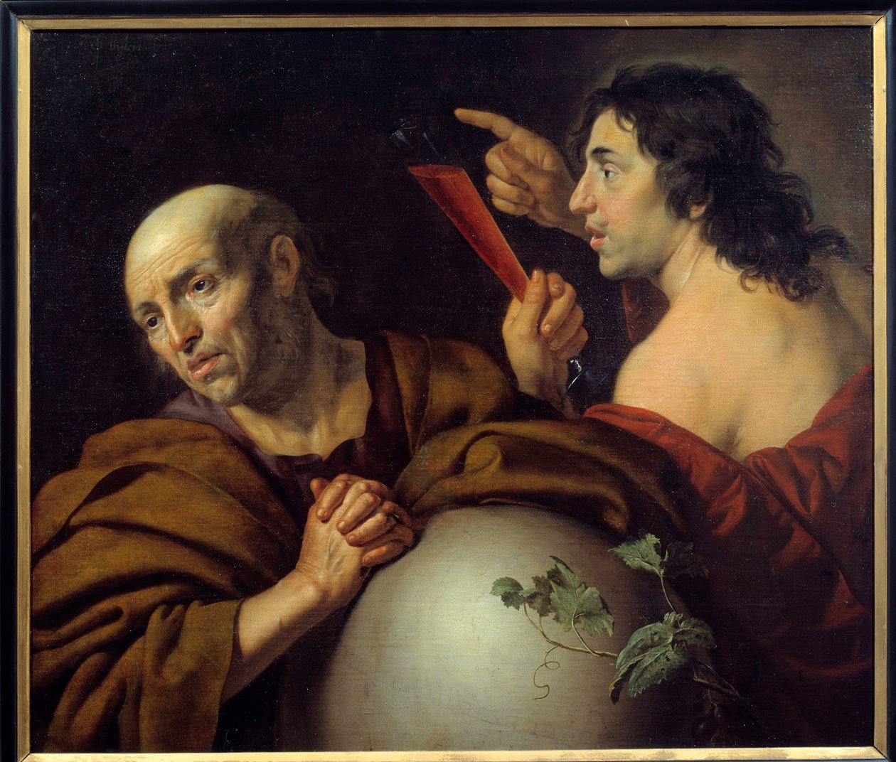 赫拉克利特和德谟克利特 希腊哲学家以弗所的赫拉克利特（Heraclitus）（公元前535-475）和德谟克利特（Democritus）（公元前460-370）。 Jan van Bijlert (1597-1671) 17 世纪乌得勒支的绘画。 中央博物馆 作者 Jan van Bijlert或Bylert