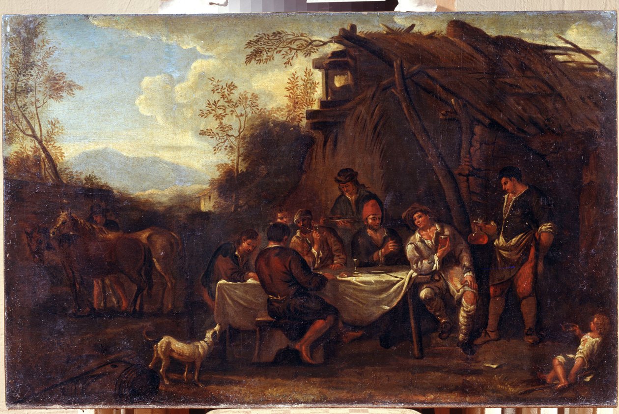 La joyeuse assemblee（欢乐聚会）。Jan Miel（1599-1664 年）的绘画作品。巴洛克艺术风格。蜡染。I. Kramskoi 地区艺术博物馆，沃罗涅日（俄罗斯沃罗涅日）。 作者 扬·范·自行车·米尔