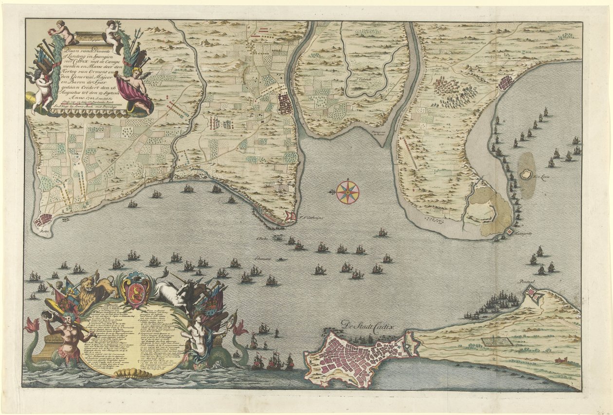 1702 年同盟国在加的斯登陆和远征的地图
奥尔蒙特公爵和斯帕尔少将及男爵于 8 月 26 日至 8 月 28 日在加的斯附近的西班牙与马赛的登陆地图 作者 扬·范·考尔（一）