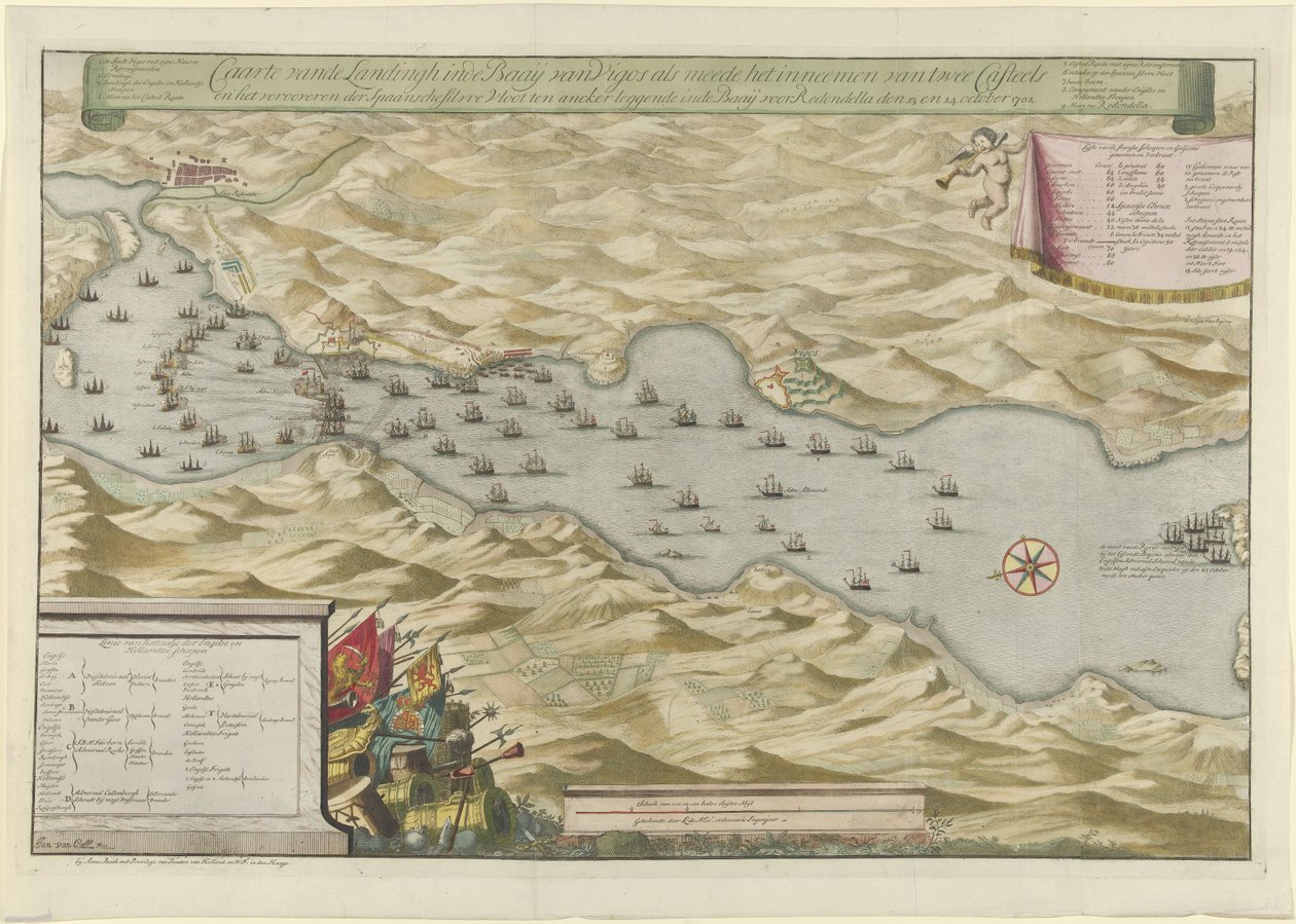 维哥湾海战和俘获西班牙白银舰队，1702 年
在维哥湾登陆、攻占两座城堡以及俘获停泊在雷东德拉海湾的西班牙白银舰队的示意图 作者 扬·范·考尔（一）