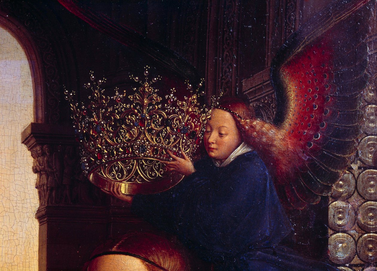 An angel crowning the Virgin. Detail of “” The Virgin of Chancellor Rolin””” Nicolas Rolin (1376-1461) was Chancellor of Burgundy under Philippe Le Bon and founder of the Hospices de Beaune in 1443. Painting by Jan van Eyck (1390-1441) 作者 扬·范·埃克