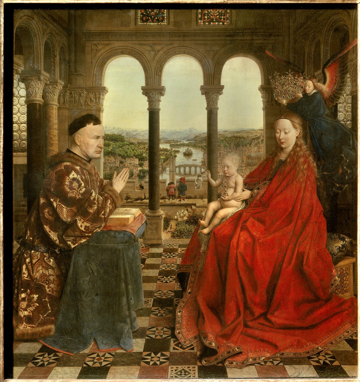 The Virgin of Chancellor Rolin Nicolas Rolin (1376-1461) was Chancellor of Burgundy under Philippe Le Bon and founder of the Hospices de Beaune in 1443. Painting by Jan van Eyck (1390-1441). 15th century Sun. 0,66x0,62 m Paris, - The Virgin of Chancellor R 作者 扬·范·埃克