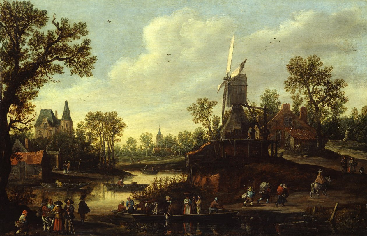 德语： Flusslandschaft mit Fähre 有渡船的河流景观 作者 扬·范·戈恩
