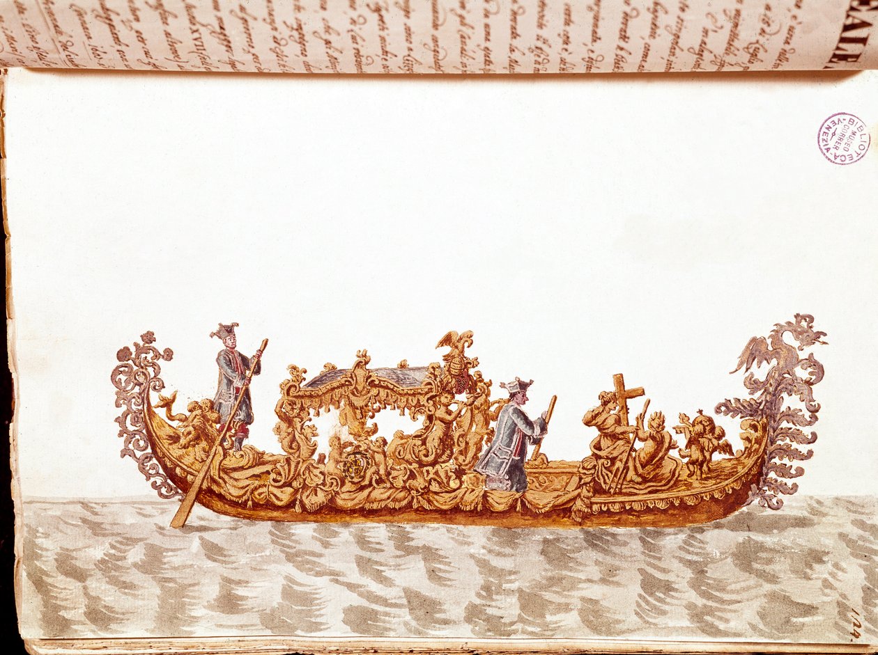 皇家贡多拉 - 来自 Jan van Grevenbroek（或 Giovanni Grevenbroich (Grevenbroich)（1731-1807）手稿“威尼斯人的习俗”）的水彩画和墨水 作者 扬·范·格雷文布罗克