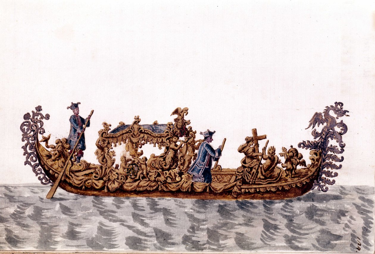皇家贡多拉。 Jan van Grevenbroek（或 Giovanni Grevenbroich (Grevenbroich)（1731-1807））手稿“威尼斯人的习俗”中的水彩画和墨水 作者 扬·范·格雷文布罗克