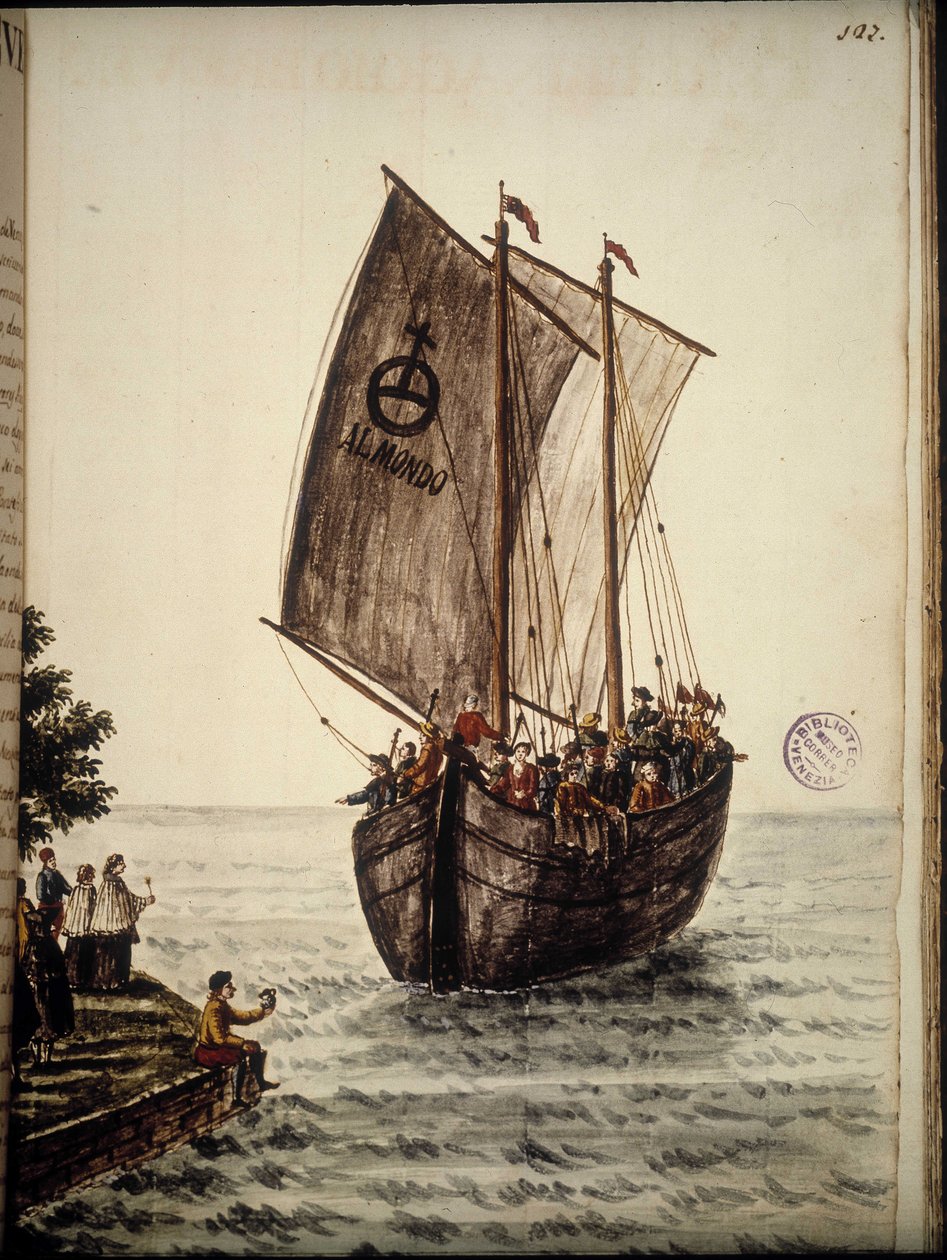 朝圣者的船。 Jan van Grevenbroek（或 Giovanni Grevenbroich (Grevenbroich)（1731-1807））手稿“威尼斯人的习俗”中的水彩画和墨水 作者 扬·范·格雷文布罗克