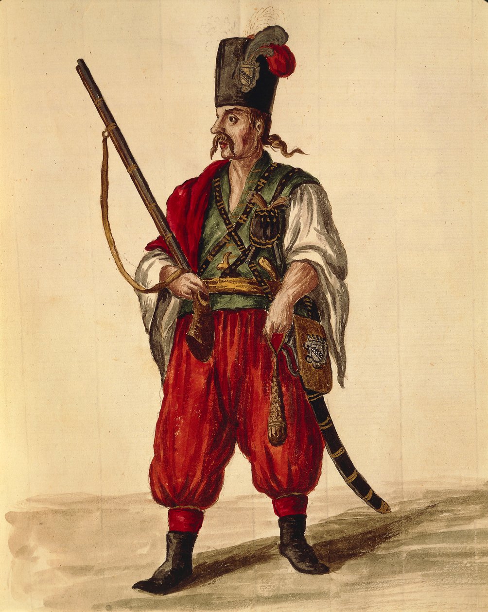 Carabineer制服，由Jan van Grevenbroeck或Giovanni Grevembroch（1731-1807）创作，Gli Abiti de Veneziani，来自服装图鉴，水彩。 作者 扬·范·格雷文布罗克
