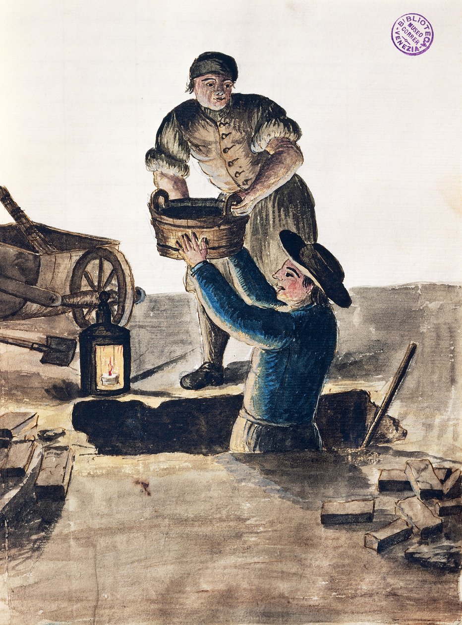 清理公共下水道，来自《威尼斯服装图鉴》的插图，作者Jan Grevenbroeck（1731-1807），水彩画，意大利 作者 扬·范·格雷文布罗克