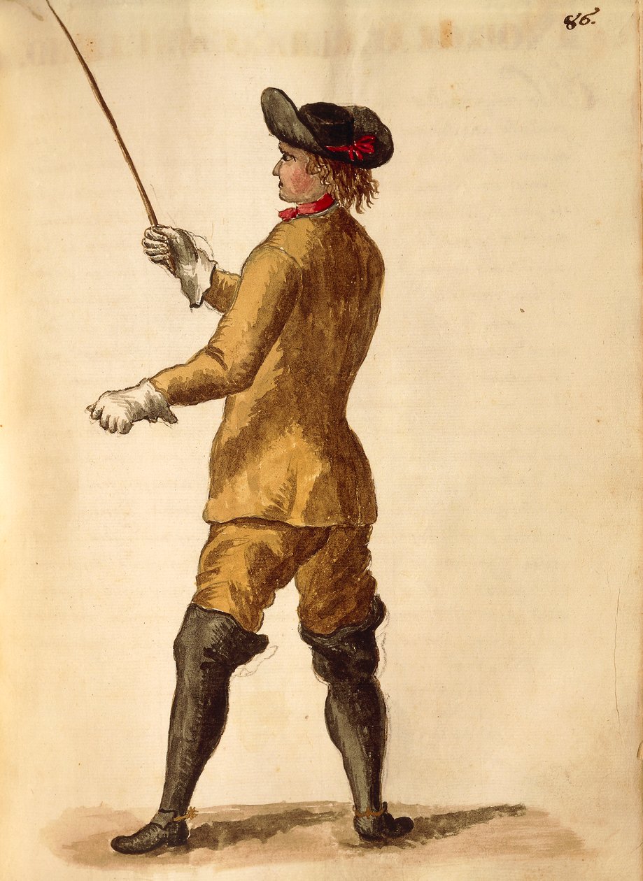 穿着骑马服的绅士，由Jan van Grevenbroeck或Giovanni Grevembroch（1731-1807）创作，Gli Abiti de Veneziani，来自服装图鉴，水彩。 作者 扬·范·格雷文布罗克