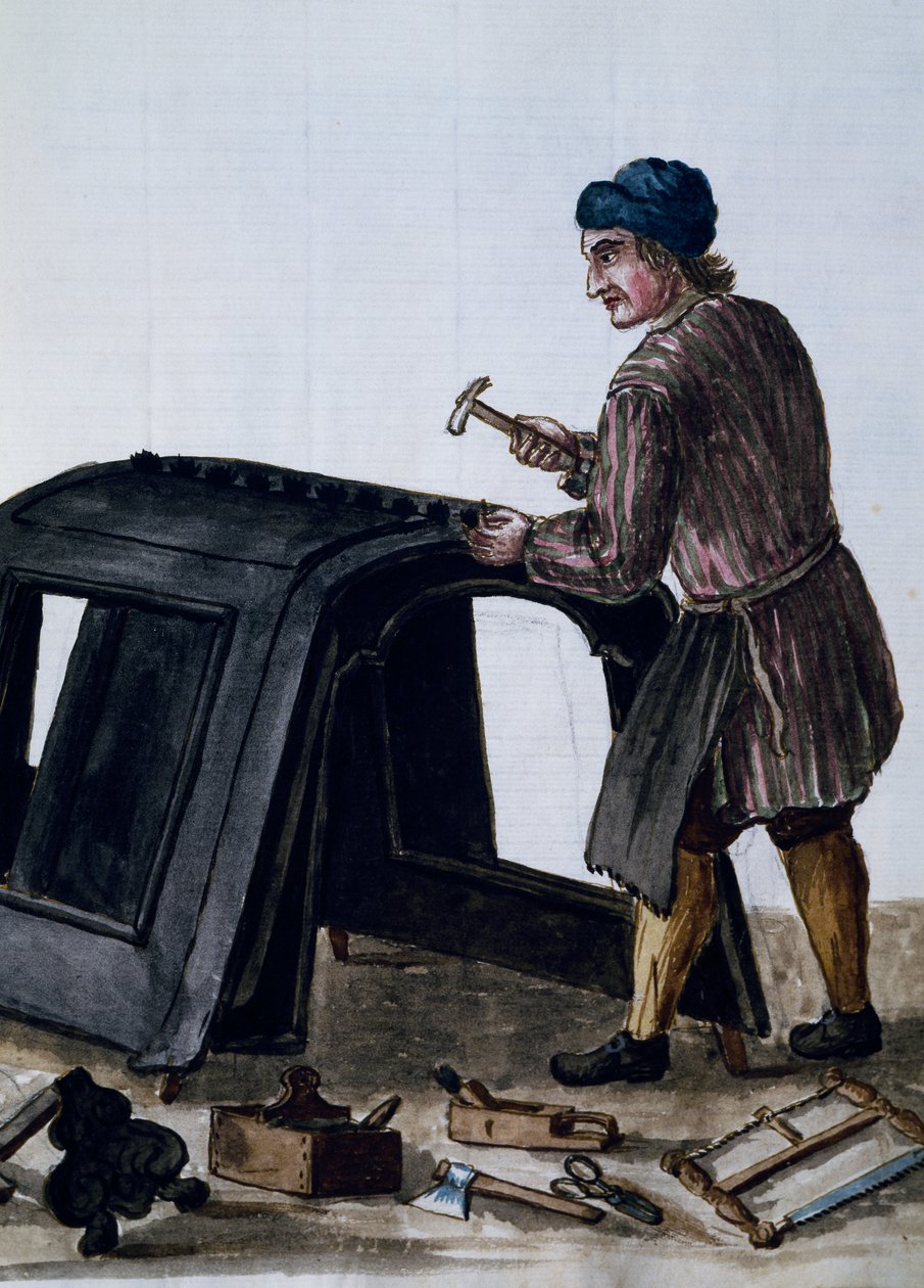 贡多拉的建造者，杨-范-格雷文布洛克（1731-1807）的插图，出自意大利《威尼斯人的服饰》手稿。 作者 扬·范·格雷文布罗克