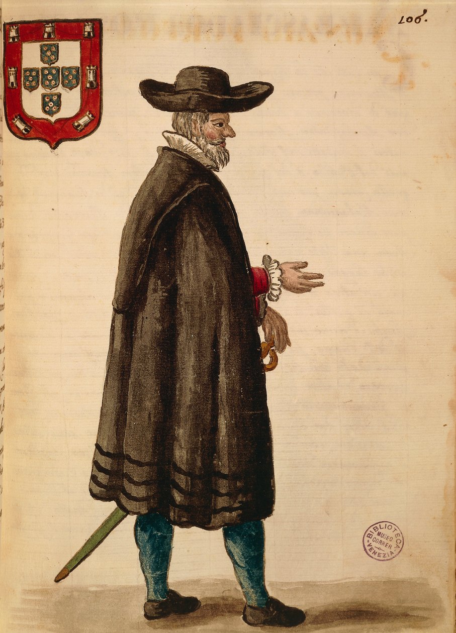葡萄牙大使，由扬-范-格雷文布洛克或乔万尼-格雷文布洛克（1731-1807）创作，《威尼斯的阿比蒂》，来自服装图鉴，水彩画 作者 扬·范·格雷文布罗克