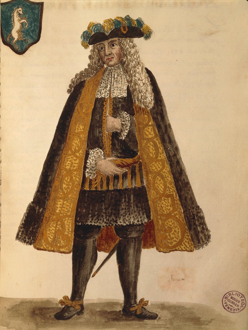 撒丁岛的大使，由Jan van Grevenbroeck或Giovanni Grevembroch（1731-1807）创作，Gli Abiti de Veneziani，来自服装图鉴，水彩。 作者 扬·范·格雷文布罗克
