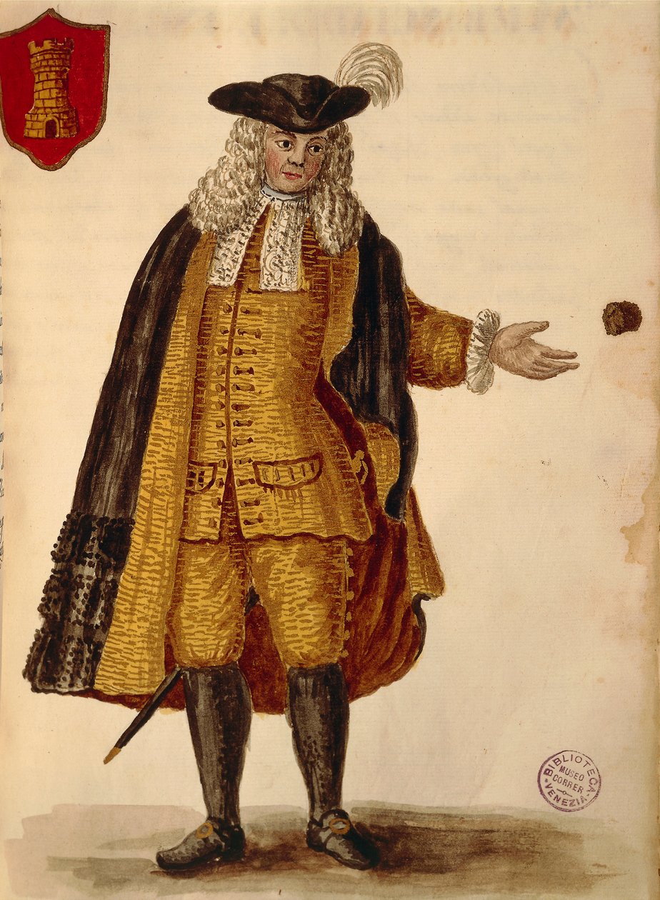 西班牙大使，由扬-范-格雷文布洛克或乔万尼-格雷文布洛克（1731-1807）创作，《威尼斯的阿比蒂》，来自服装图鉴，水彩画 作者 扬·范·格雷文布罗克