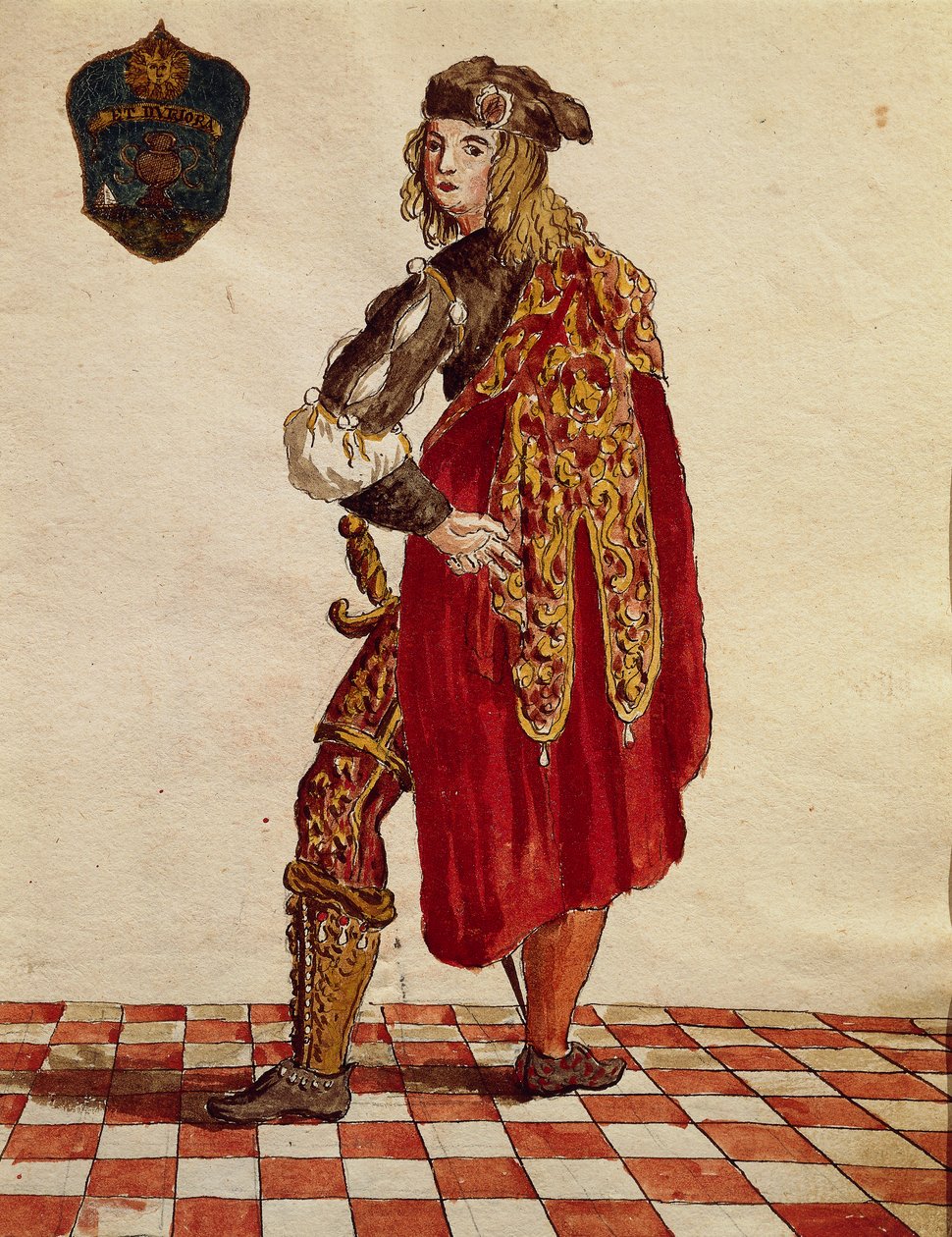 1564年卡尔扎兄弟会（Stocking）骑士的套装，由Jan van Grevenbroeck或Giovanni Grevembroch（1731-1807）创作，Gli Abiti de Veneziani，来自服装图鉴，水彩。 作者 扬·范·格雷文布罗克