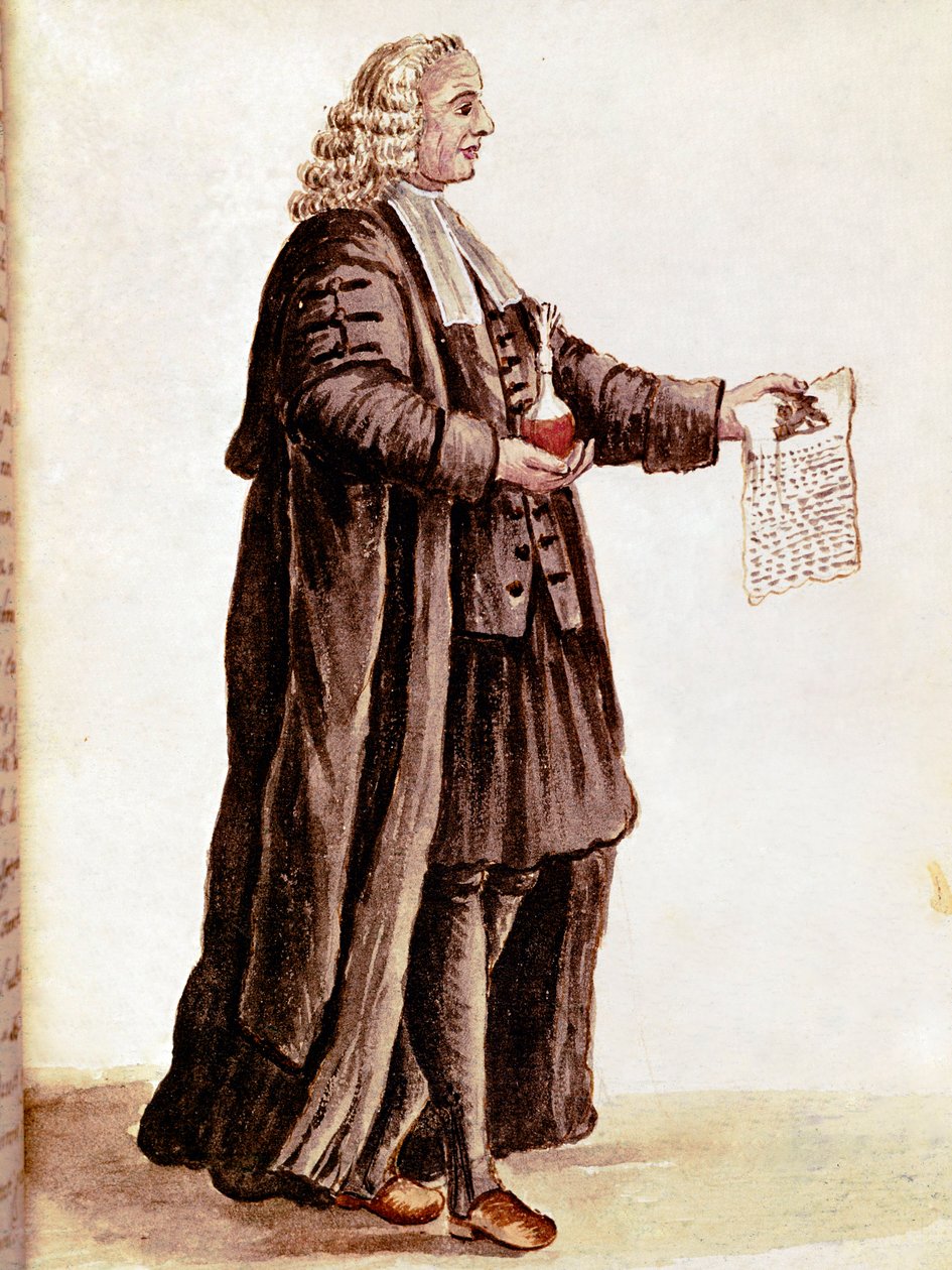 药剂师手里拿着一个小药瓶和一张处方 从 Jan van Grevenbroeck（或 Giovanni Grevembroch (Grevenbroch)（1731-1807）的手稿中绘制水彩和墨水） 作者 扬·范·格雷文布罗克