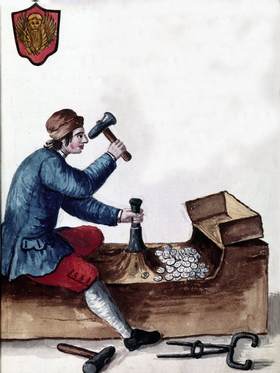 威尼斯共和国硬币的制造：铸造阶段。 Jan van Grevenbroeck（或 Giovanni Grevembroch (Grevenbroch)（1731-1807））手稿“威尼斯人的习俗”中的水彩画和墨水 作者 扬·范·格雷文布罗克