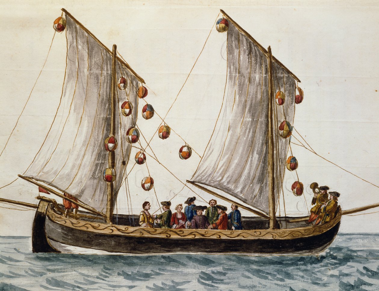 威尼斯船为救世主的盛宴而装扮，由Jan Grevenbroeck（1731-1807）创作，水彩画，意大利 作者 扬·范·格雷文布罗克